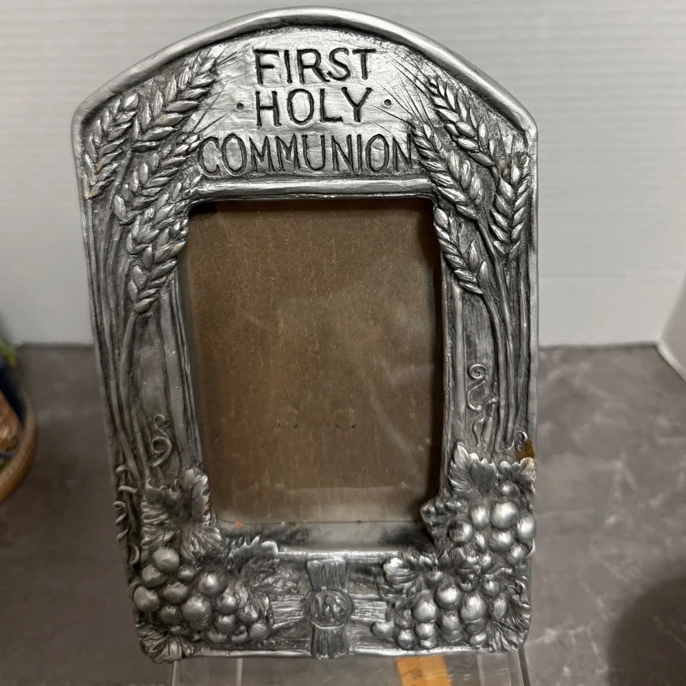 First Holy Communion Silver Tone Photo Frame Wheat Grapes Cross 3.5x4.5 photo
